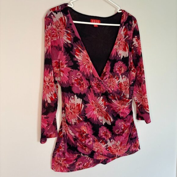 ELLE V-Neck Faux Wrap Blouse Womens XL Purple Floral 3/4 Slv Stretch Lined Mesh - Picture 4 of 8